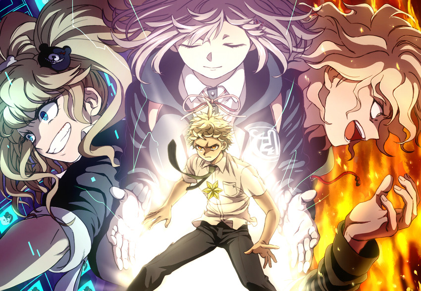 nanami chiaki, komaeda nagito, hinata hajime, enoshima junko, and monokuma (danganronpa and 2 more) drawn by randomblue