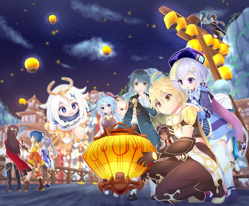 ganyu, aether, zhongli, keqing, paimon, and 7 more (genshin impact) drawn by ninoji