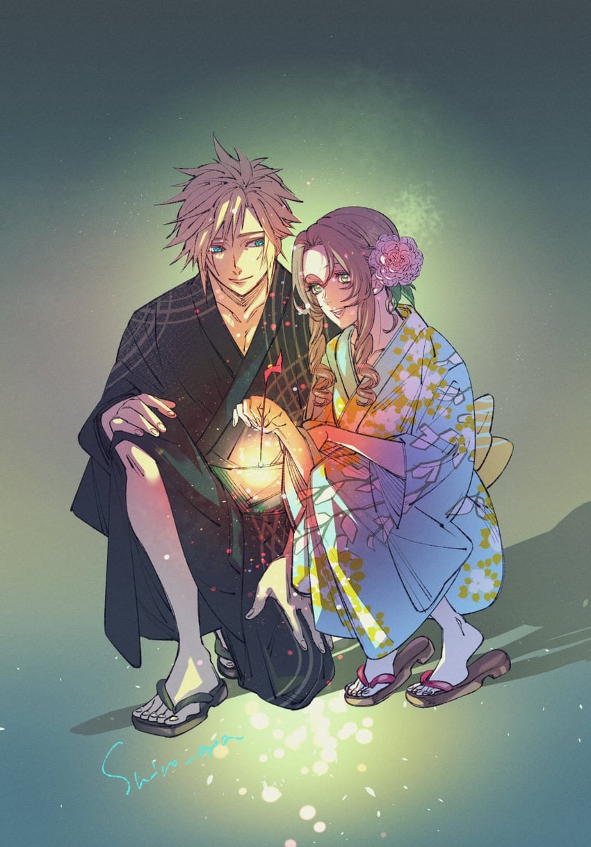 cloud strife and aerith gainsborough (final fantasy and 3 more) drawn by wakakusa-e