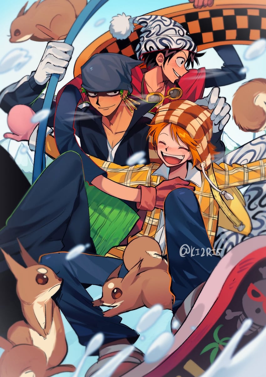 nami, monkey d. luffy, and roronoa zoro (one piece) drawn by ki2ri5