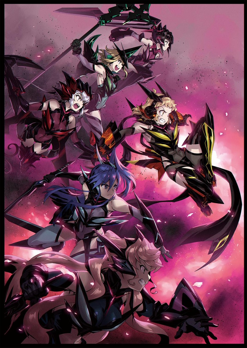yukine chris, tachibana hibiki, akatsuki kirika, tsukuyomi shirabe, kazanari tsubasa, and 1 more (senki zesshou symphogear) drawn by murakami_hisashi