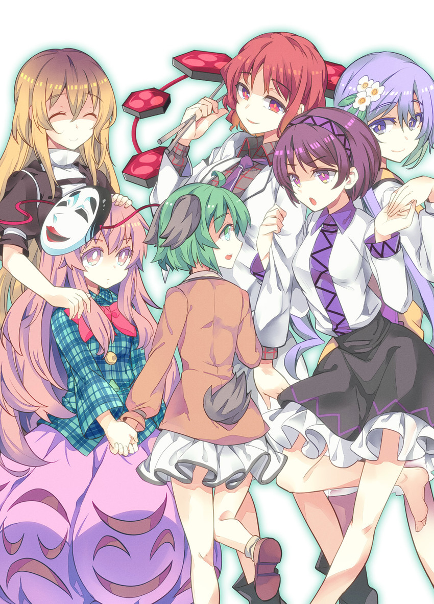 hijiri byakuren, hata no kokoro, kasodani kyouko, horikawa raiko, tsukumo benben, and 1 more (touhou) drawn by takitarou