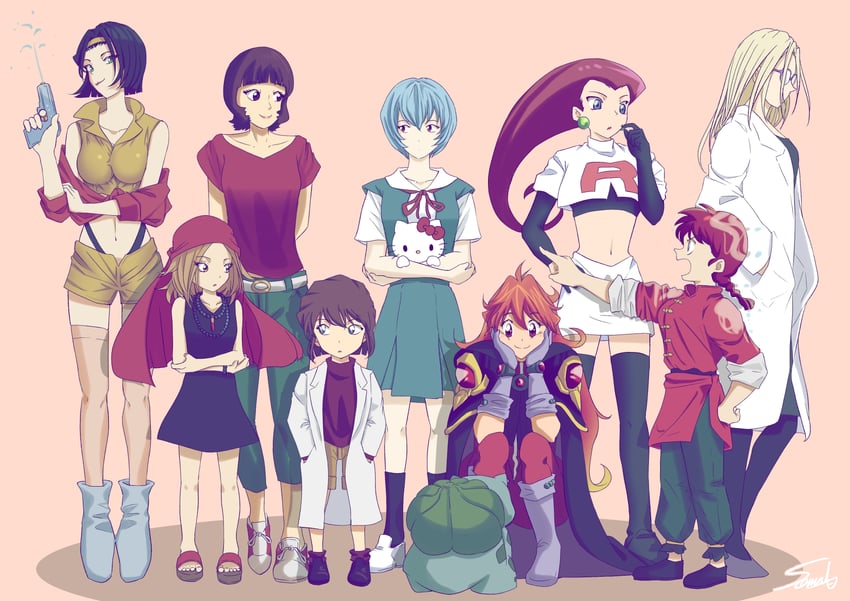 ayanami rei, ranma-chan, bulbasaur, jessie, hello kitty, and 7 more (pokemon and 9 more) drawn by sooma4869