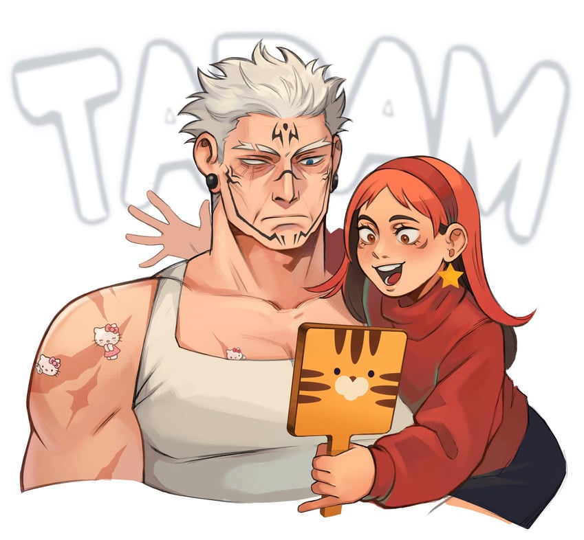 itadori yuuji, ryoumen sukuna, hello kitty, mabel pines, and grunkle stan (jujutsu kaisen and 3 more) drawn by 50gryvnia