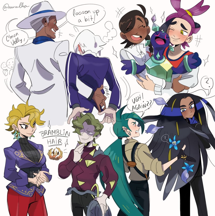 kieran, rika, juliana, geeta, terapagos, and 6 more (pokemon and 1 more) drawn by awlba