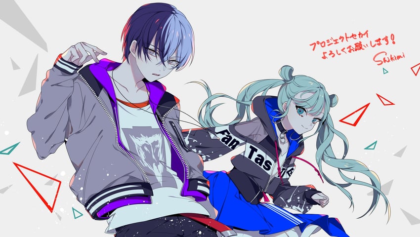 hatsune miku, aoyagi touya, and vivid bad squad miku (vocaloid and 1 more) drawn by shikimi_(yurakuru)