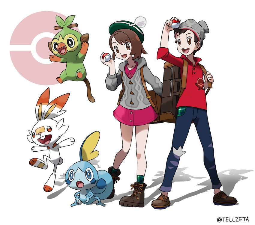 gloria, scorbunny, sobble, victor, and grookey (pokemon and 1 more) drawn by tellzeta