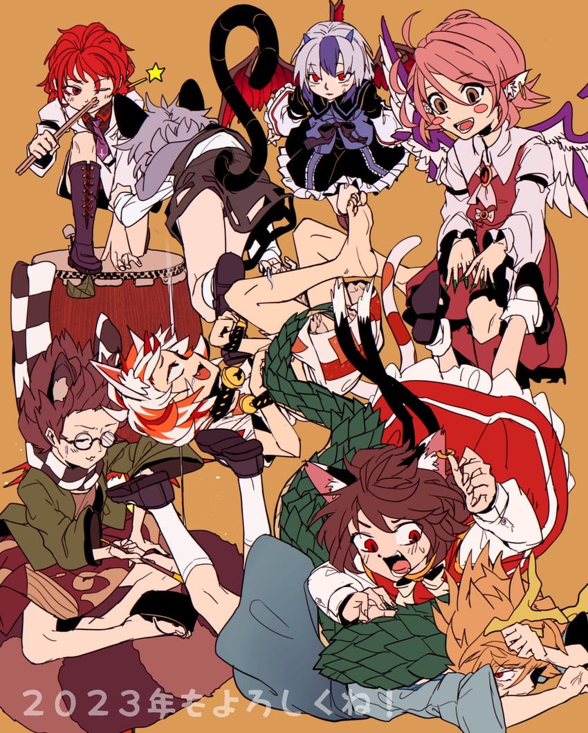 chen, mystia lorelei, nazrin, futatsuiwa mamizou, kicchou yachie, and 3 more (touhou) drawn by kusiyan