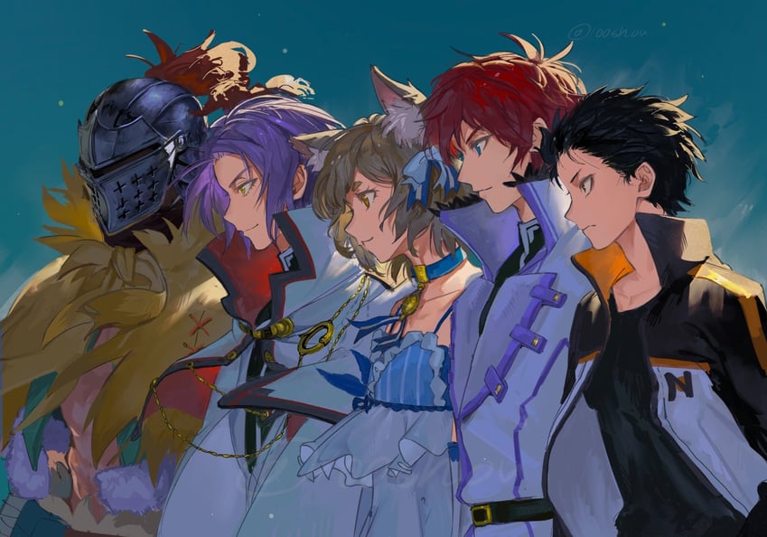 natsuki subaru, felix argyle, reinhard van astrea, julius juukulius, and aldebaran (re:zero kara hajimeru isekai seikatsu) drawn by 100shou