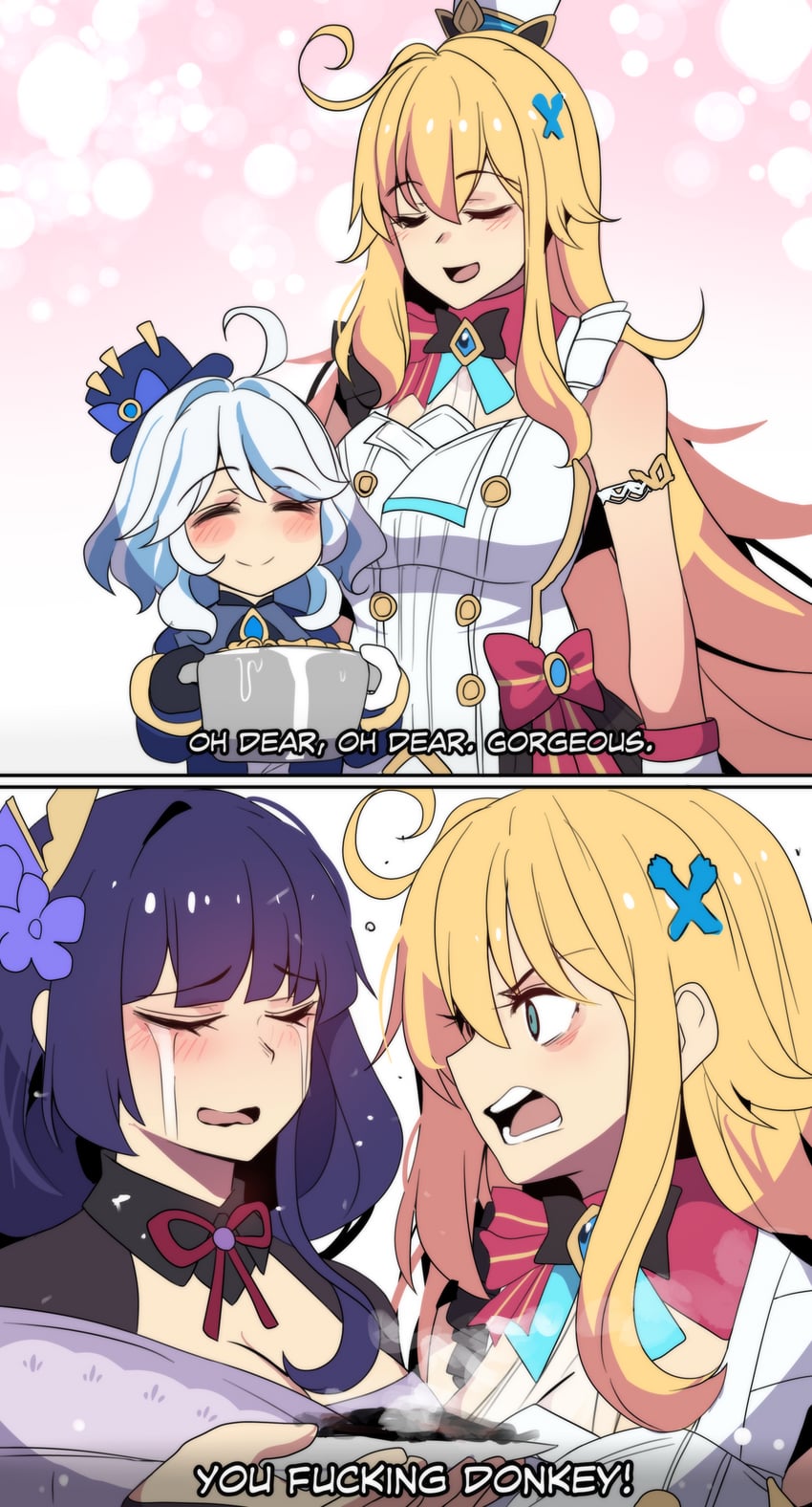 raiden shogun, furina, and escoffier (genshin impact and 1 more) drawn by hinghoi