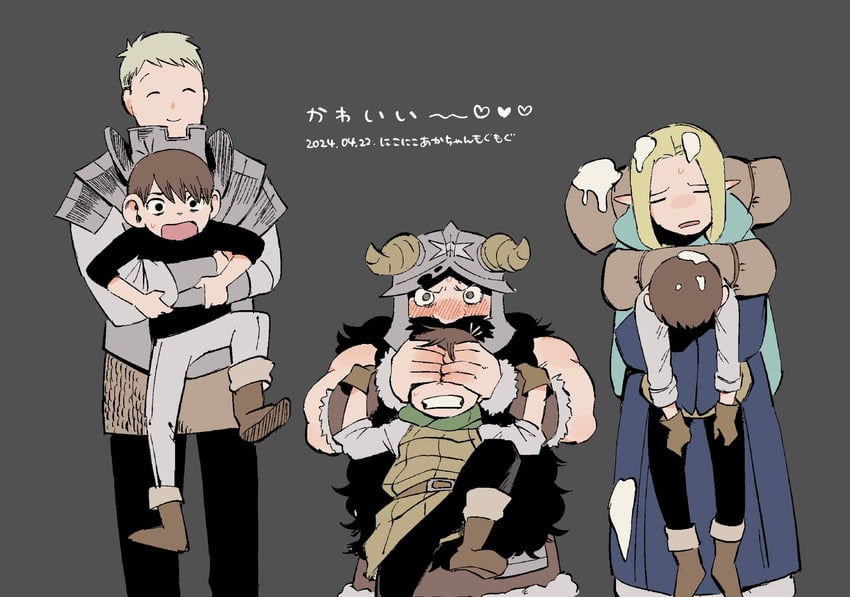 marcille donato, laios touden, senshi, and chilchuck tims (dungeon meshi) drawn by tmr0621