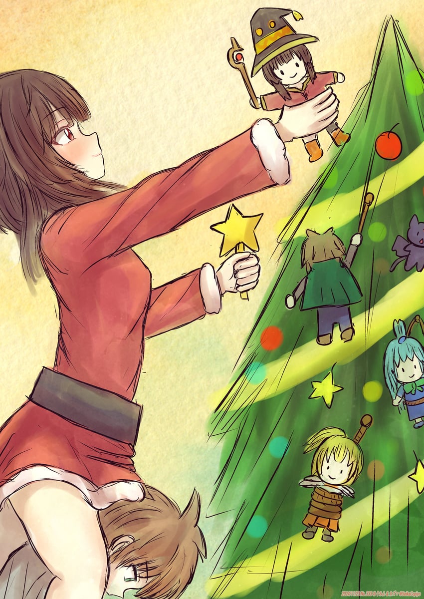 megumin, aqua, darkness, satou kazuma, and chomusuke (kono subarashii sekai ni shukufuku wo!) drawn by seikacopiyo