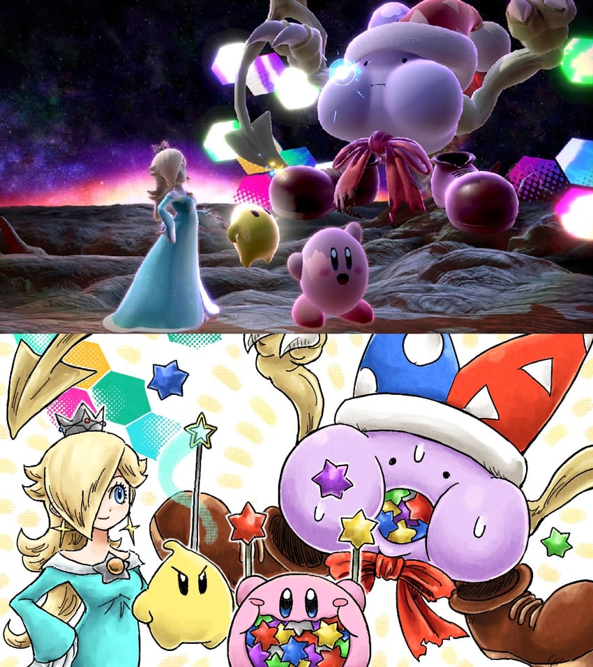 kirby, rosalina, luma, and marx (mario and 3 more) drawn by kicdon
