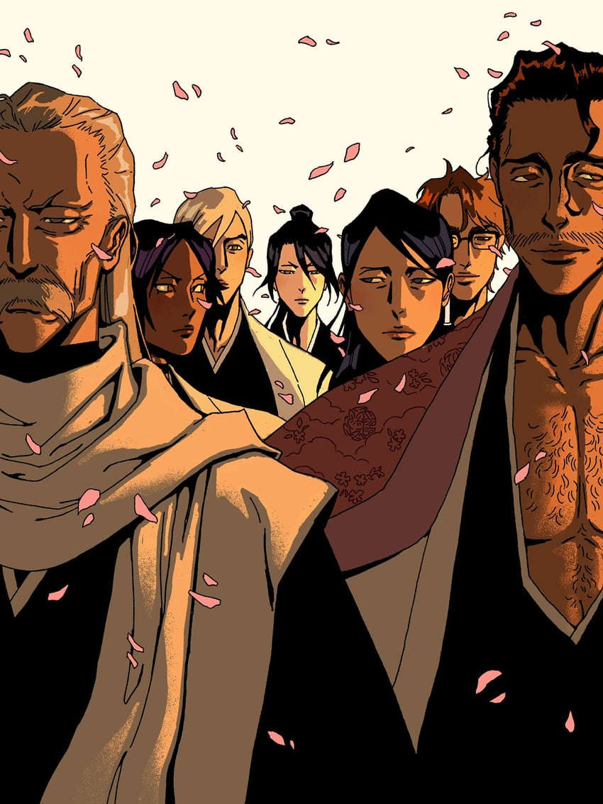 shihouin yoruichi, unohana retsu, aizen sousuke, kyouraku shunsui, ukitake juushirou, and 2 more (bleach and 1 more) drawn by teatimebanter