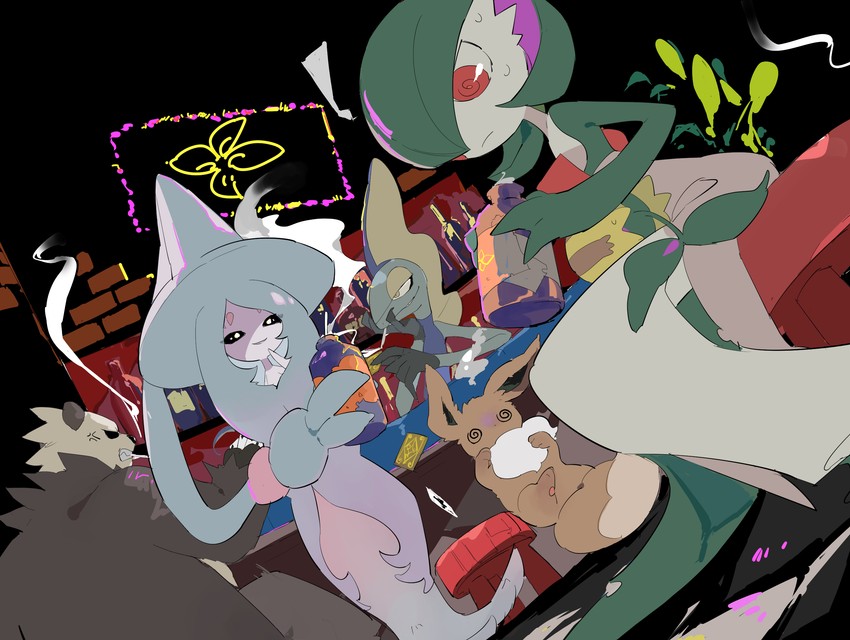 gardevoir, eevee, inteleon, hatterene, sunkern, and 1 more (pokemon) drawn by apios