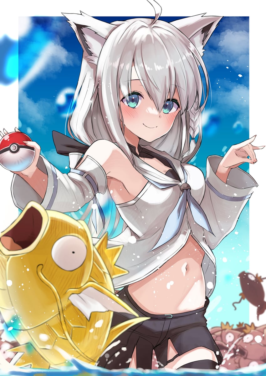 shirakami fubuki and magikarp (pokemon and 1 more) drawn by ral_(ralf)