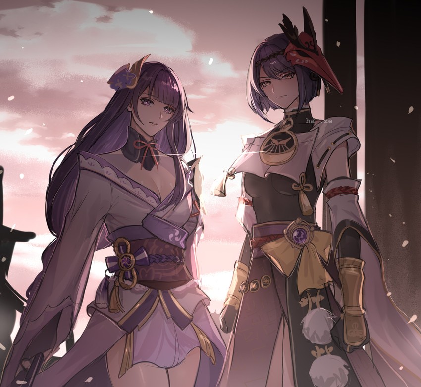 raiden shogun and kujou sara (genshin impact) drawn by haze_(ha_ze)