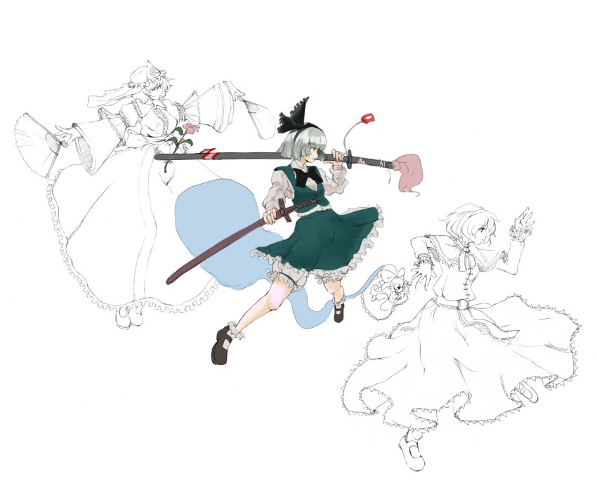 konpaku youmu, alice margatroid, saigyouji yuyuko, and shanghai doll (touhou) drawn by miatsushi