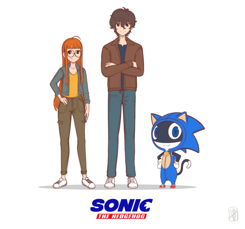 sonic the hedgehog, amamiya ren, sakura futaba, morgana, tom wachowski, and 1 more (persona and 4 more) drawn by heisenbird