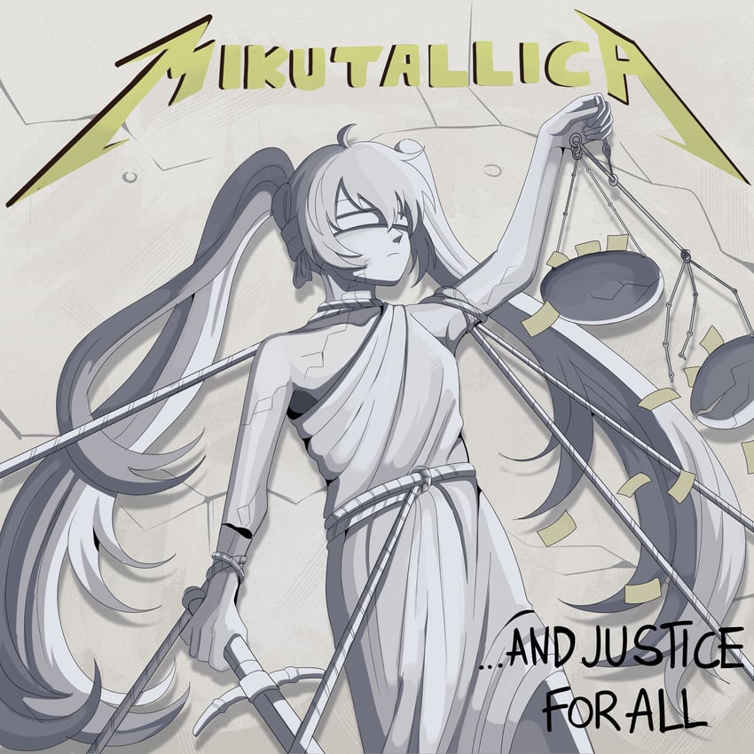 hatsune miku and justitia (vocaloid and 3 more) drawn by bobamiruku