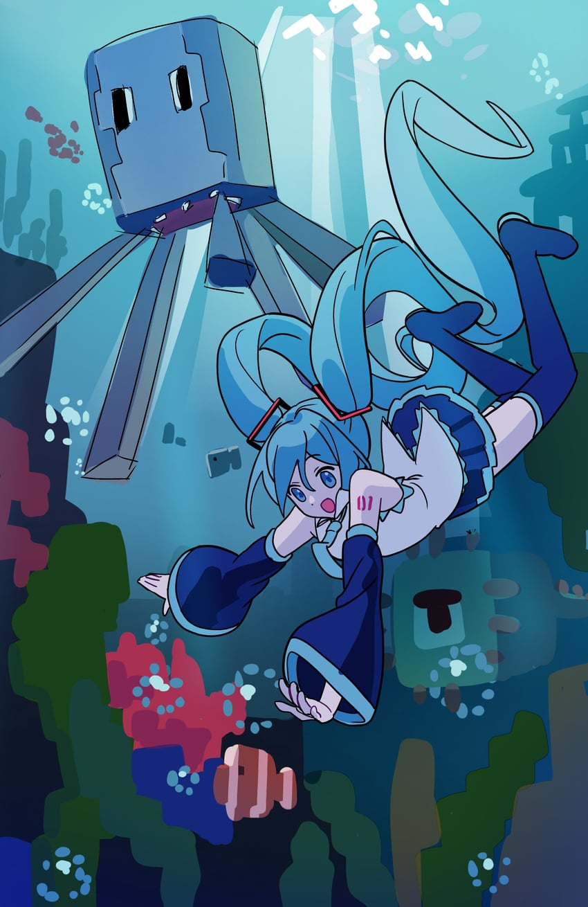 hatsune miku, squid, and guardian (vocaloid and 1 more) drawn by ille_(xcpa7325)