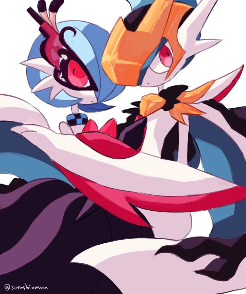 gardevoir, mega gardevoir, gallade, and mega gallade (pokemon) drawn by sorashiramu