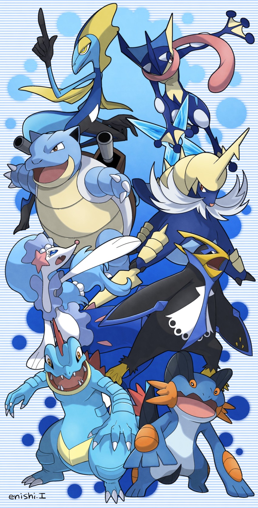 greninja, primarina, blastoise, inteleon, feraligatr, and 3 more (pokemon) drawn by yukari_(yukari21653710)