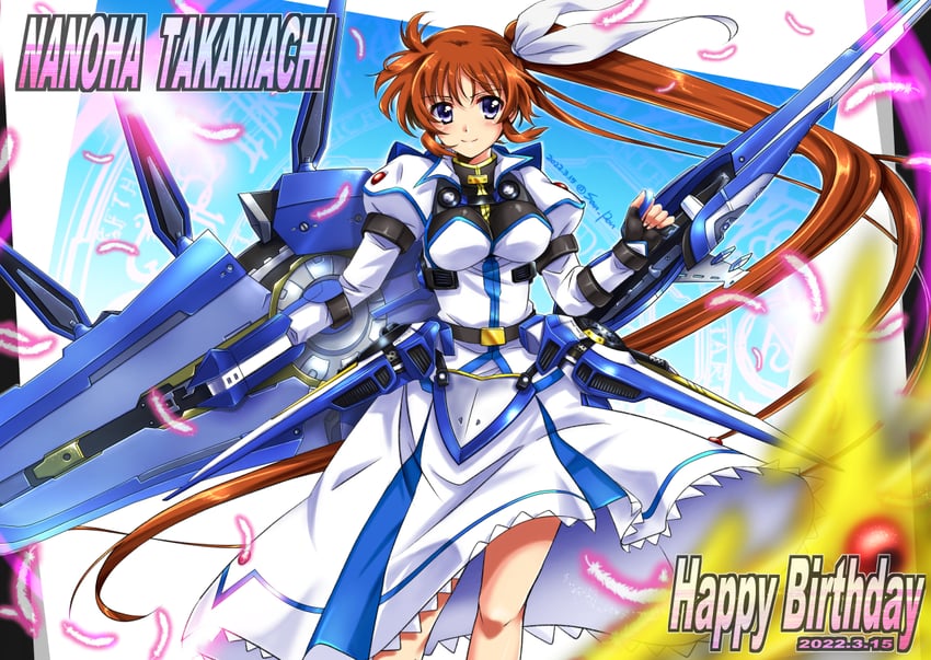 takamachi nanoha, raising heart, strike cannon, and fortress (lyrical nanoha and 1 more) drawn by san-pon