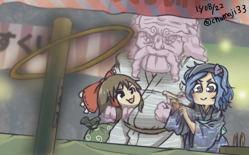 hakurei reimu, kumoi ichirin, and unzan (touhou) drawn by chamaji