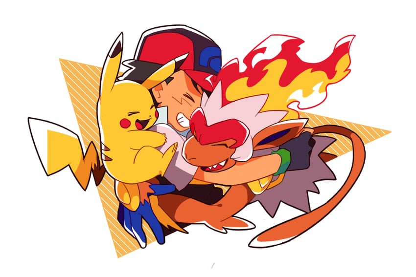 pikachu, ash ketchum, and infernape (pokemon and 1 more) drawn by yutani