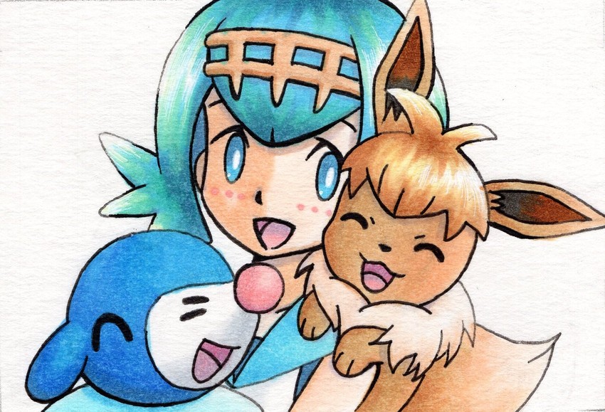 eevee, lana, and popplio (pokemon and 1 more) drawn by oka_mochi