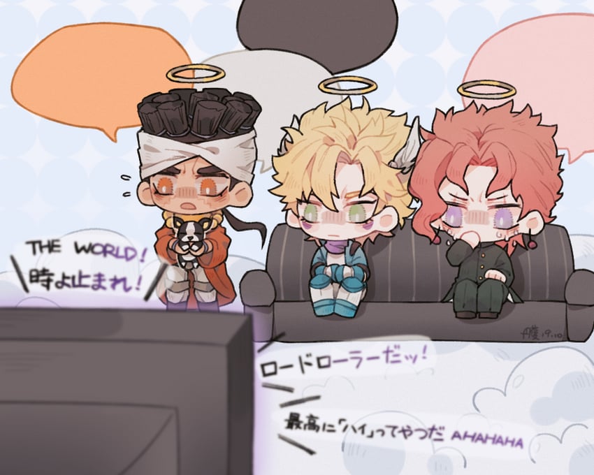 caesar anthonio zeppeli, kakyoin noriaki, mohammed avdol, and iggy (jojo no kimyou na bouken and 2 more) drawn by huohuohuozi