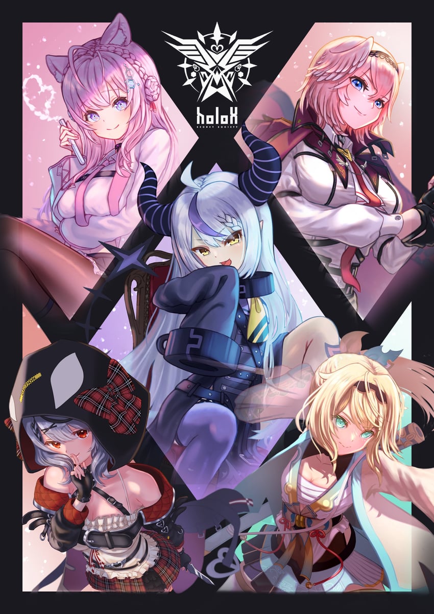 sakamata chloe, la+ darknesss, hakui koyori, kazama iroha, and takane lui (hololive) drawn by roboqlo