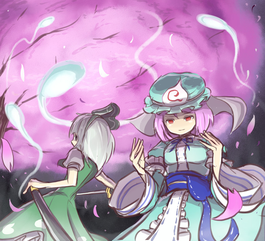 konpaku youmu, saigyouji yuyuko, and saigyou ayakashi (touhou and 1 more) drawn by peroponesosu.