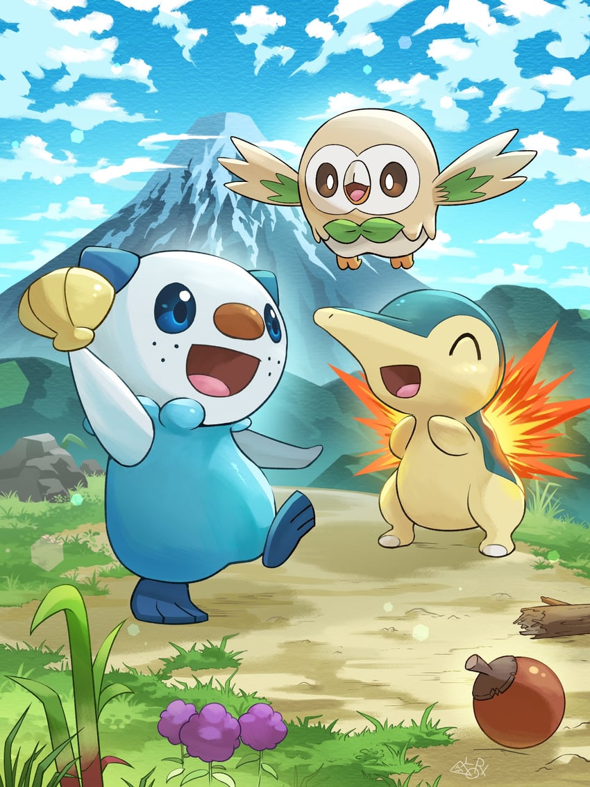 rowlet, oshawott, and cyndaquil (pokemon) drawn by yamaori_(hakkentai_pokedan)