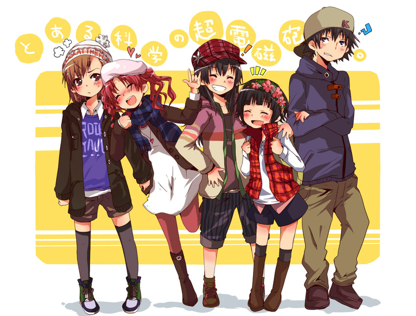 misaka mikoto, shirai kuroko, kamijou touma, saten ruiko, and uiharu kazari (toaru majutsu no index and 1 more) drawn by pun2