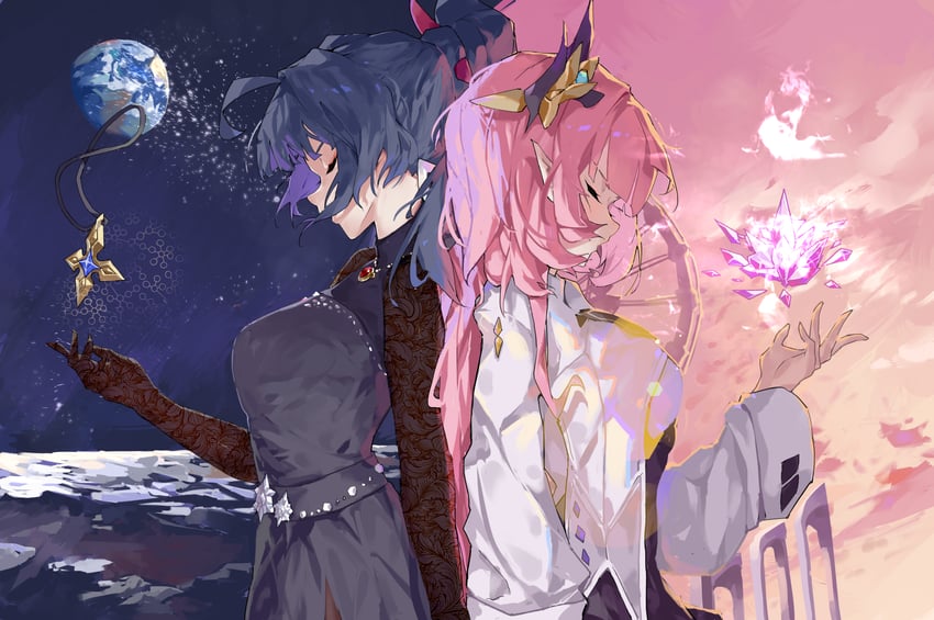 elysia and raiden mei (honkai and 1 more) drawn by evzeva