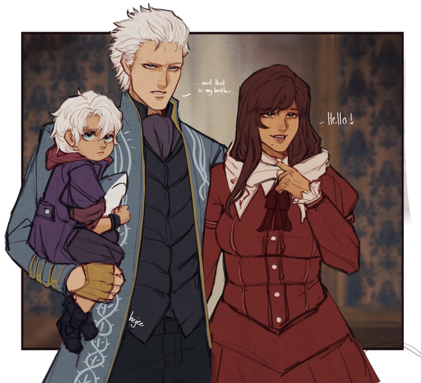 vergil, nero, and lady in red (devil may cry) drawn by hejee