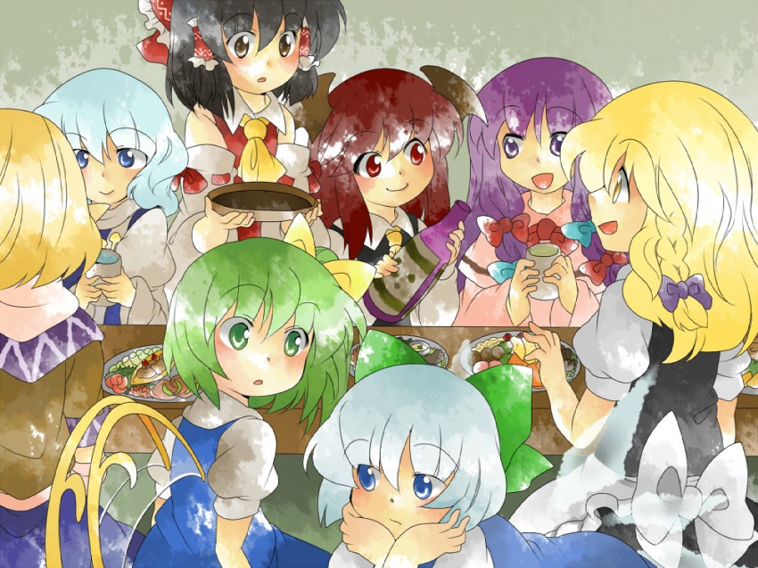 hakurei reimu, kirisame marisa, cirno, patchouli knowledge, koakuma, and 3 more (touhou) drawn by hammer_(sunset_beach)