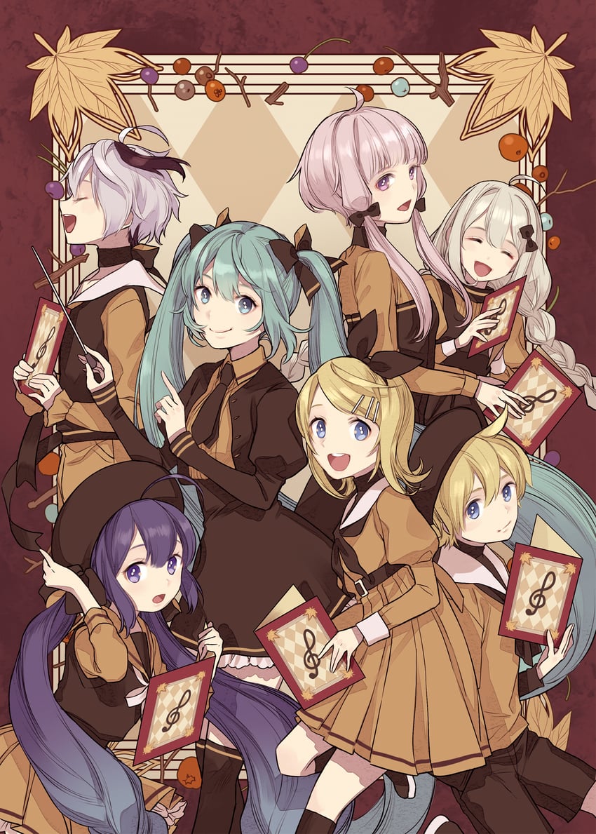 hatsune miku, kagamine rin, kagamine len, yuzuki yukari, kizuna akari, and 2 more (vocaloid and 1 more) drawn by cherico