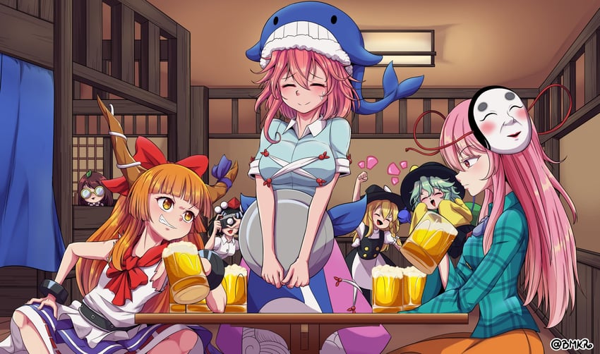 kirisame marisa, komeiji koishi, shameimaru aya, ibuki suika, hata no kokoro, and 2 more (touhou) drawn by bmkro
