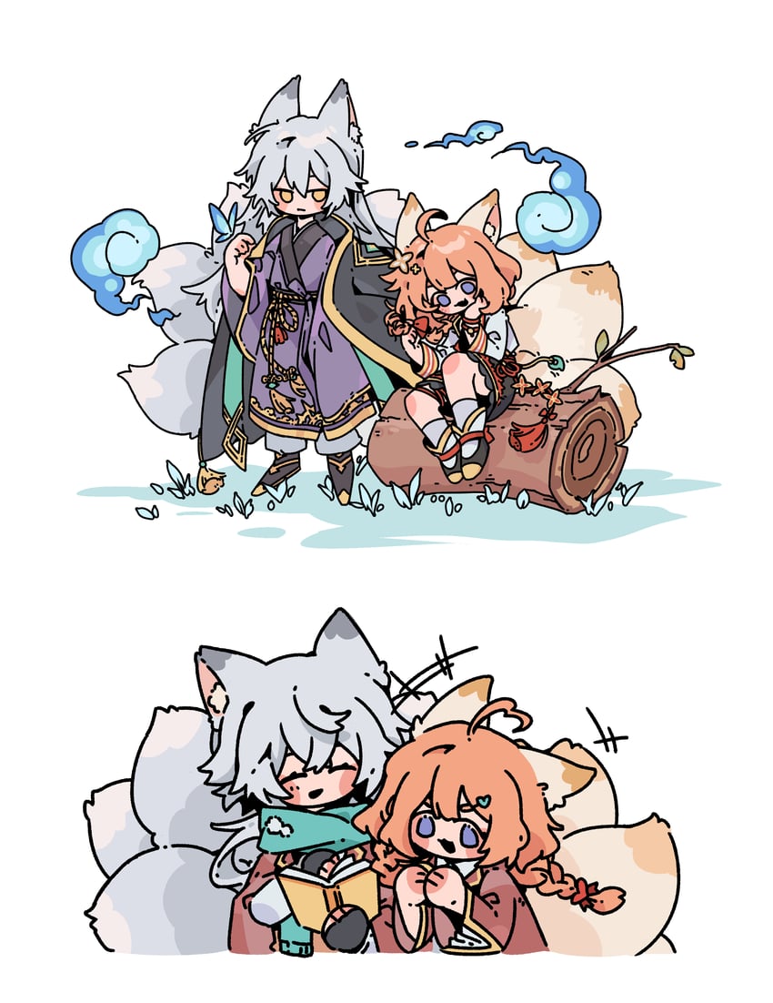 eight-tailed fox nari and nine tailed fox garam (guardian tales) drawn by poriacocos