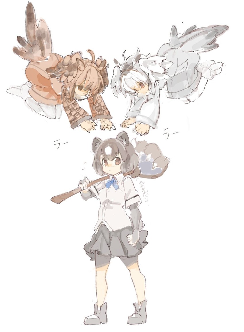northern white-faced owl, eurasian eagle owl, and brown bear (kemono friends) drawn by konabetate
