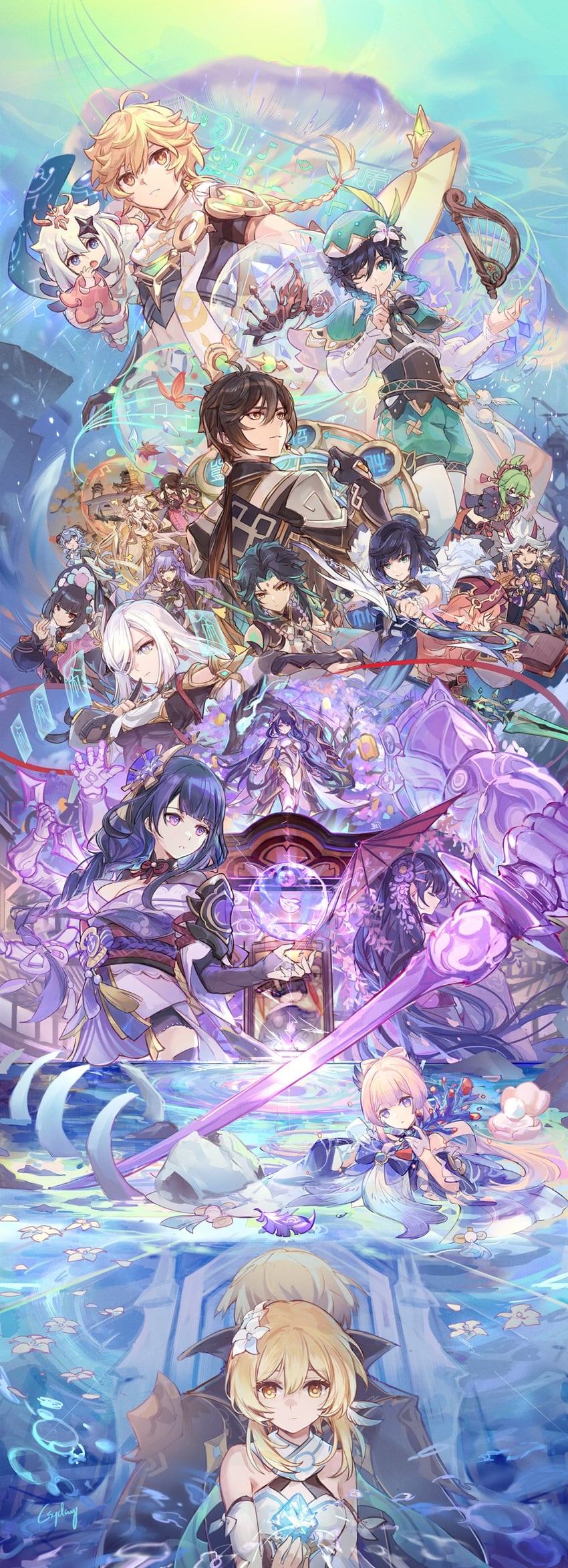 ganyu, lumine, raiden shogun, scaramouche, aether, and 18 more (genshin impact) drawn by csyday