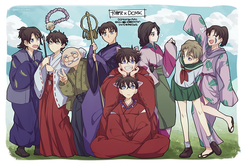 inuyasha, higurashi kagome, kudou shin'ichi, kuroba kaito, kikyou, and 20 more (meitantei conan and 2 more) drawn by monicanc