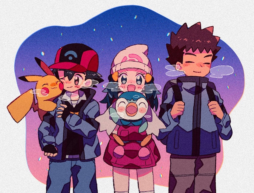 pikachu, dawn, ash ketchum, piplup, and brock (pokemon and 1 more) drawn by mgomurainu