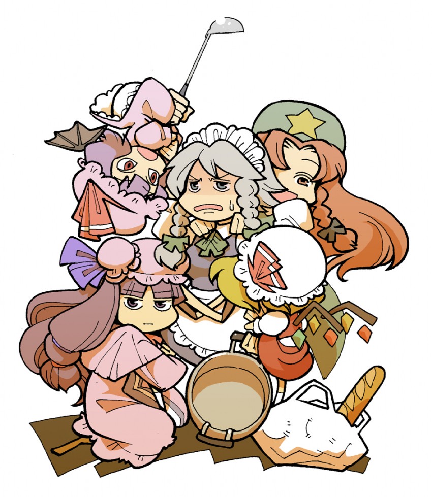 remilia scarlet, flandre scarlet, izayoi sakuya, patchouli knowledge, and hong meiling (touhou) drawn by hounori