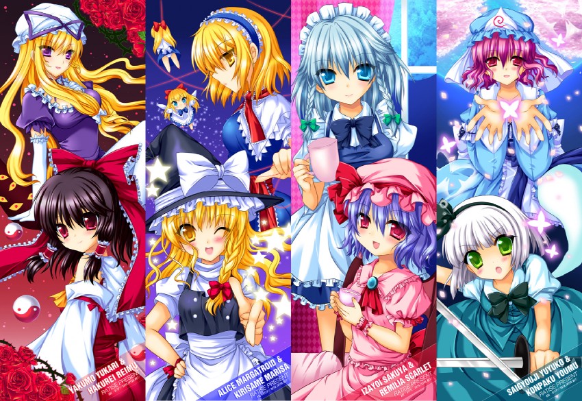 hakurei reimu, kirisame marisa, remilia scarlet, izayoi sakuya, konpaku youmu, and 4 more (touhou and 1 more) drawn by ratise