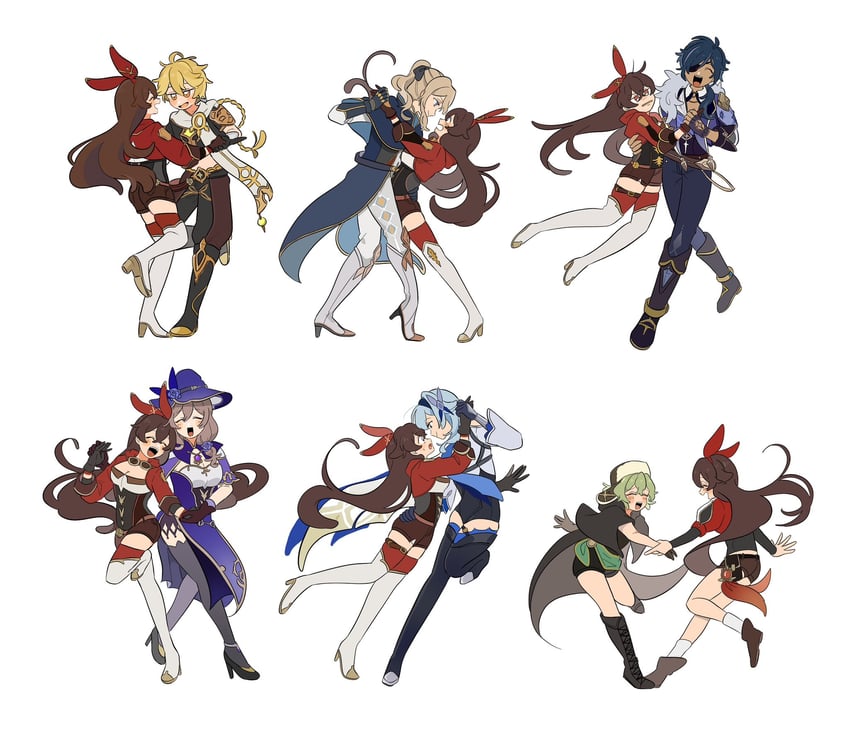 aether, eula, jean, amber, kaeya, and 2 more (genshin impact) drawn by hoyo_o