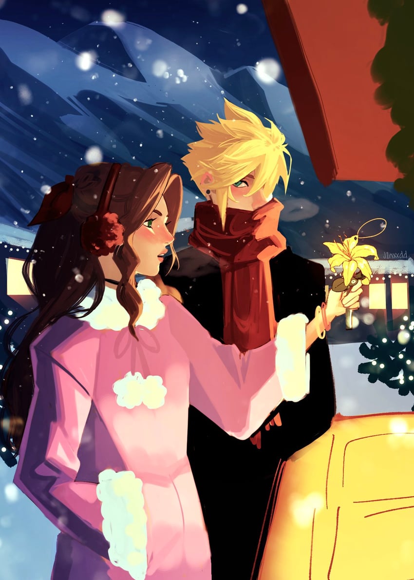 cloud strife and aerith gainsborough (final fantasy and 1 more) drawn by j1nxxdd